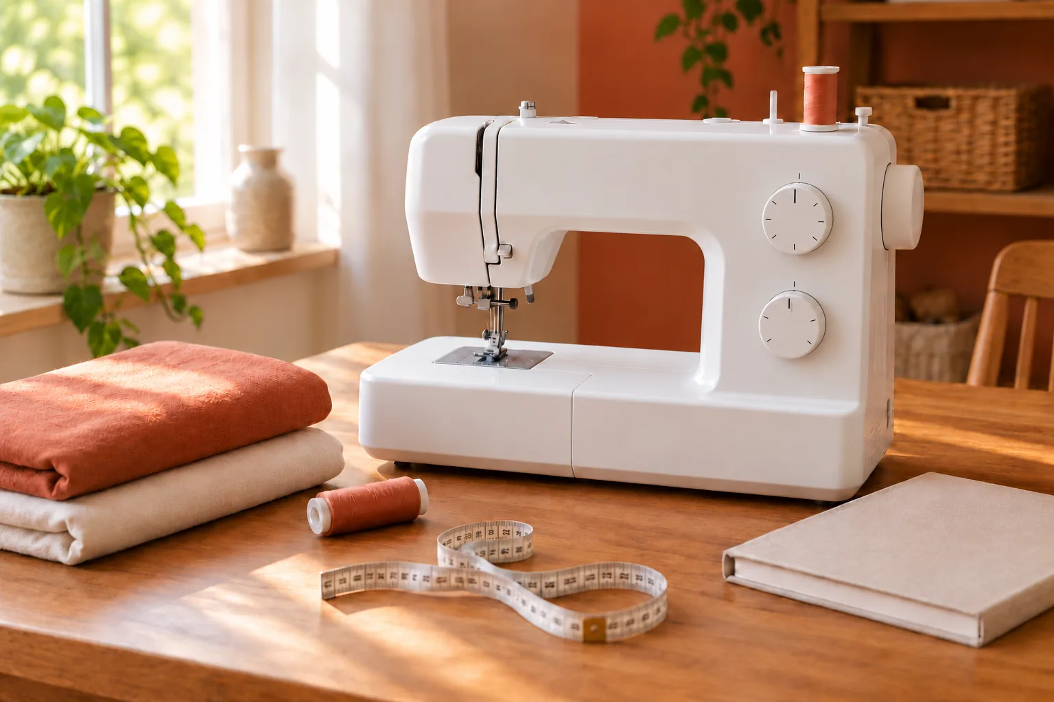 Máquina de coser doméstica blanca junto a telas, bobinas, cinta métrica y cuaderno sobre una mesa
