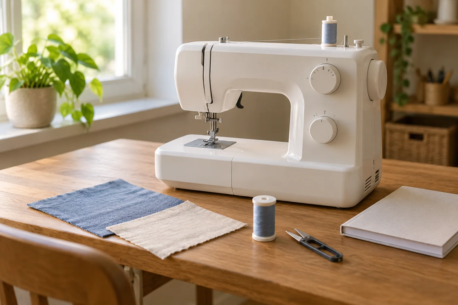 Máquina de coser doméstica sobre una mesa con dos retales de tela, hilo, cortahílos y un manual cerrado.